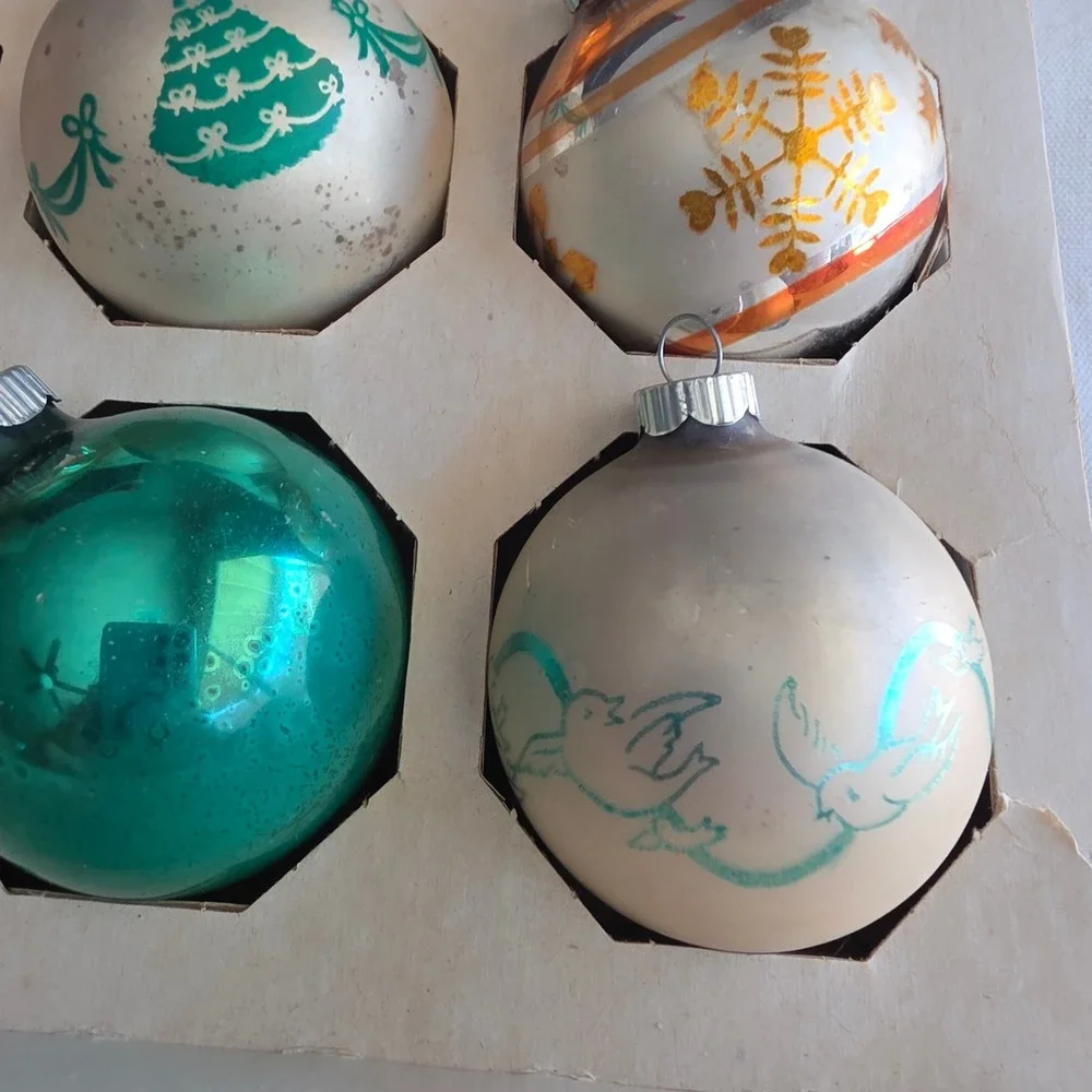 VTG Shiny Brite Glass Christmas Ornaments Set 9 Stenciled Orange & Green in Box